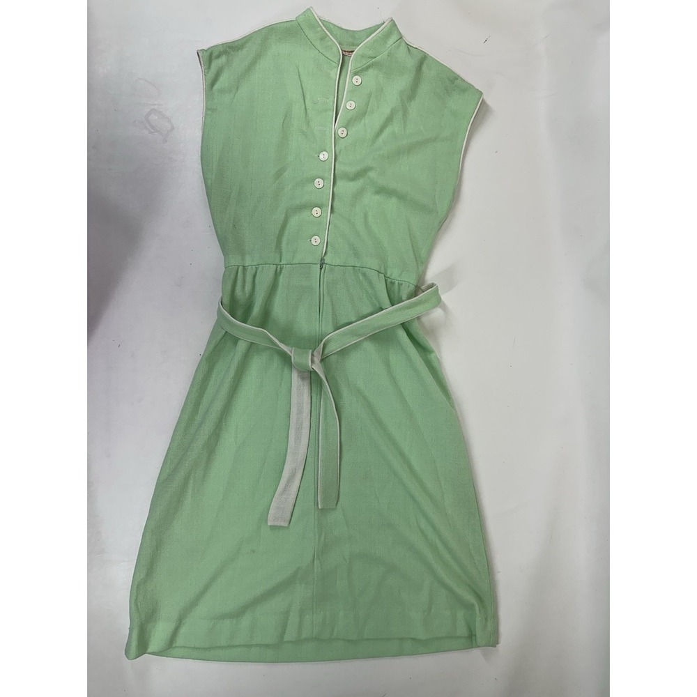 Lady Carol‎ of NY Dress Size 10 Green White Trim Mandarin Collar Belted Midi Mod